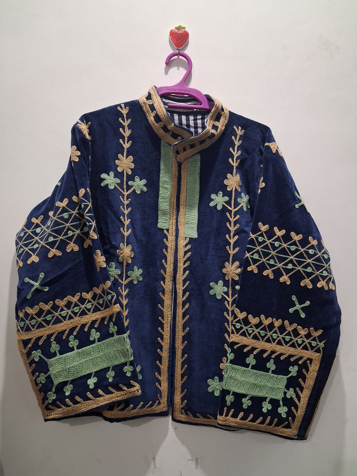 Boho Royal Blue Velvet Embroidered Jacket