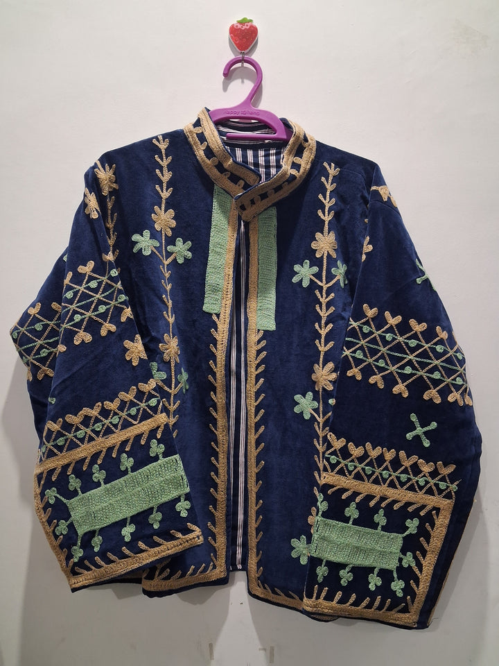 Boho Royal Blue Velvet Embroidered Jacket