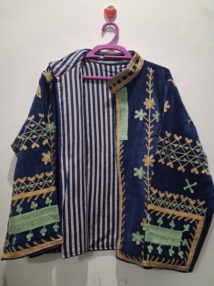 Boho Royal Blue Velvet Embroidered Jacket