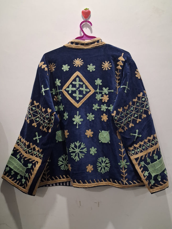 Boho Royal Blue Velvet Embroidered Jacket