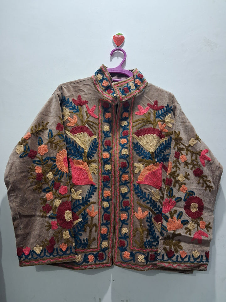 Hand-Embroidered Beige Velvet Jacket