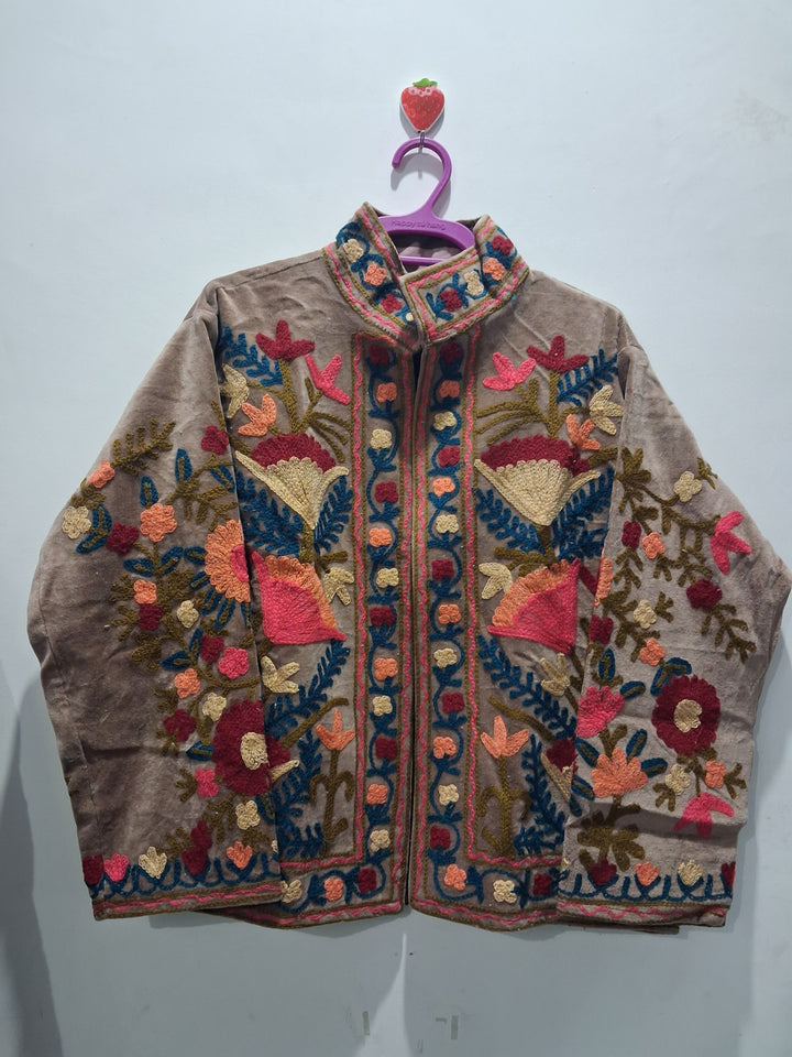 Hand-Embroidered Beige Velvet Jacket