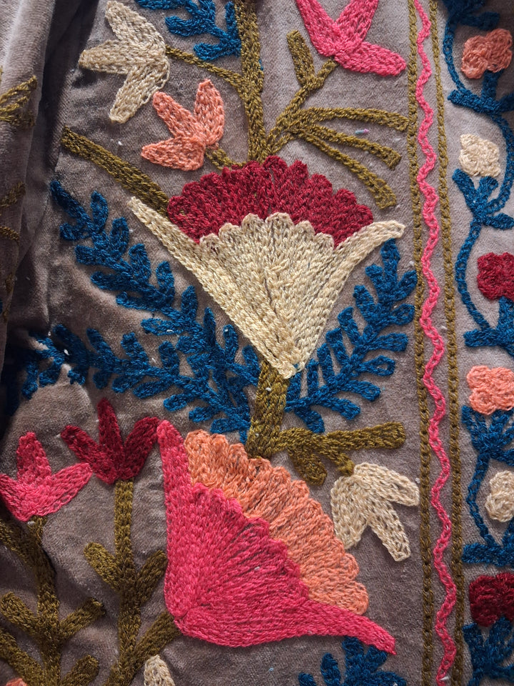 Hand-Embroidered Beige Velvet Jacket