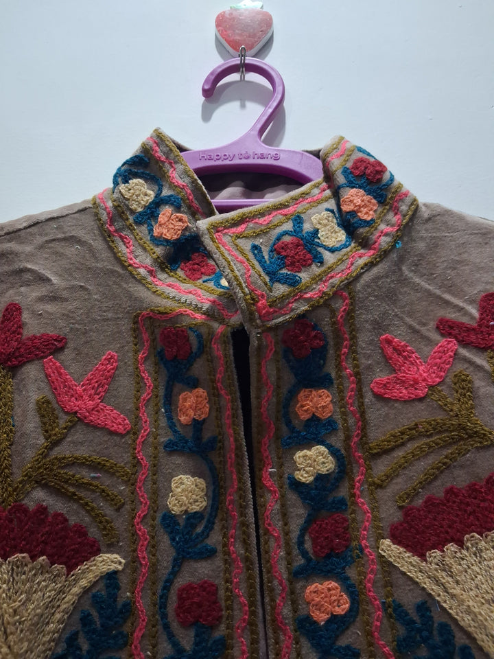Hand-Embroidered Beige Velvet Jacket