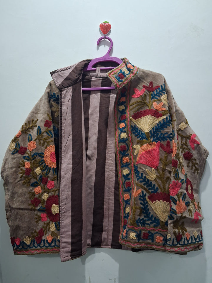 Hand-Embroidered Beige Velvet Jacket