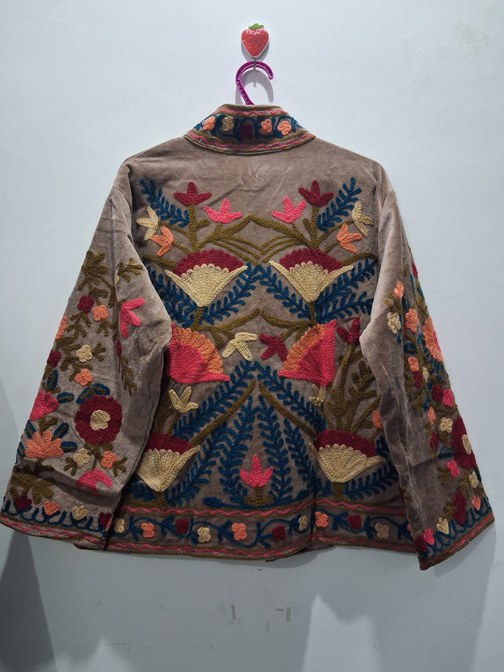 Hand-Embroidered Beige Velvet Jacket