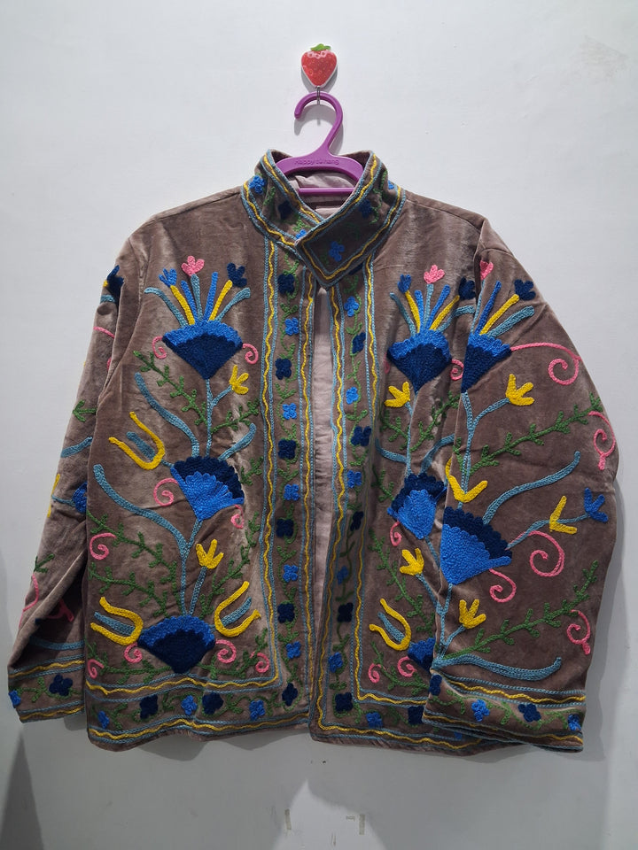 Hand-Embroidered Brown Velvet Jacket