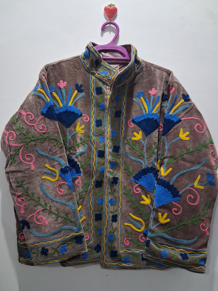 Hand-Embroidered Brown Velvet Jacket