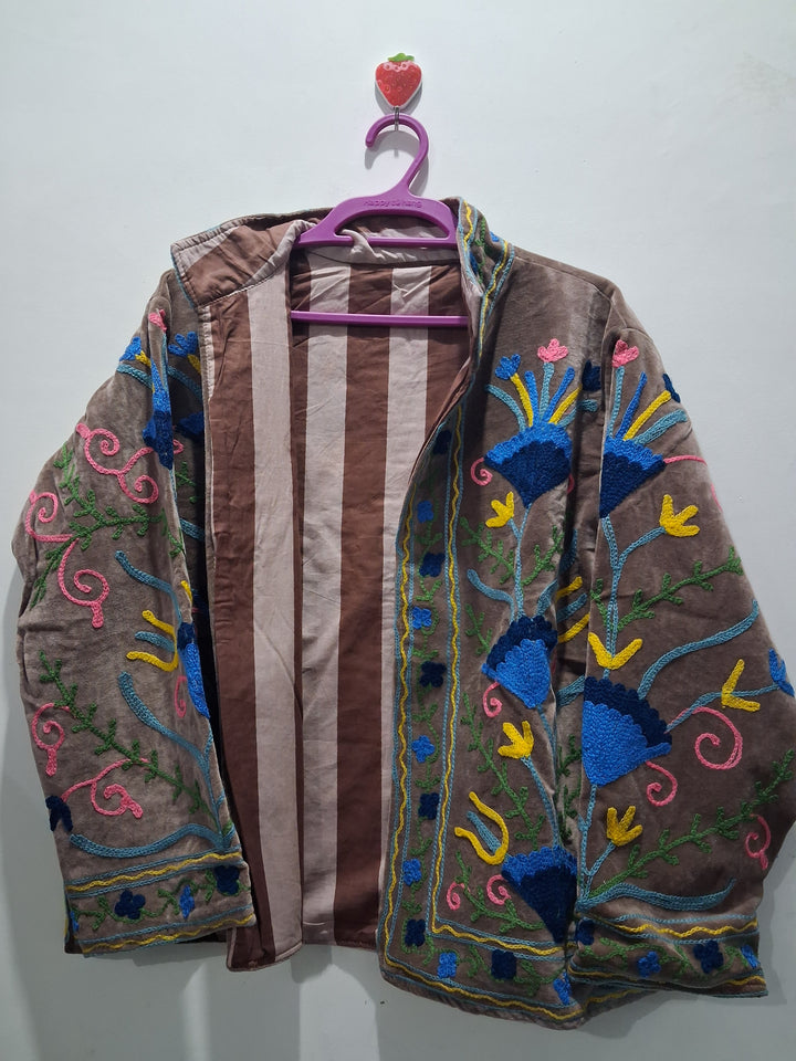 Hand-Embroidered Brown Velvet Jacket