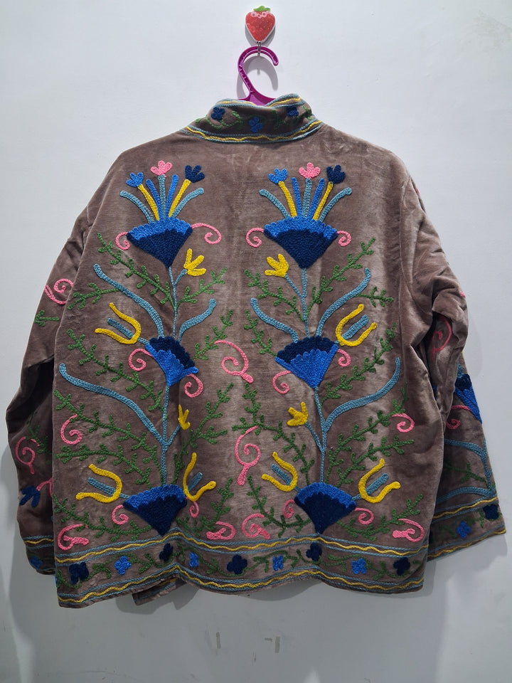 Hand-Embroidered Brown Velvet Jacket