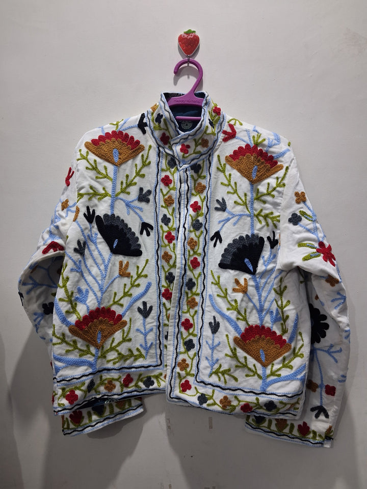 Hand-Embroidered White Velvet Jacket