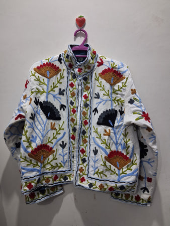 Hand-Embroidered White Velvet Jacket