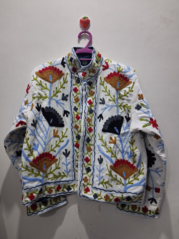 Hand-Embroidered White Velvet Jacket