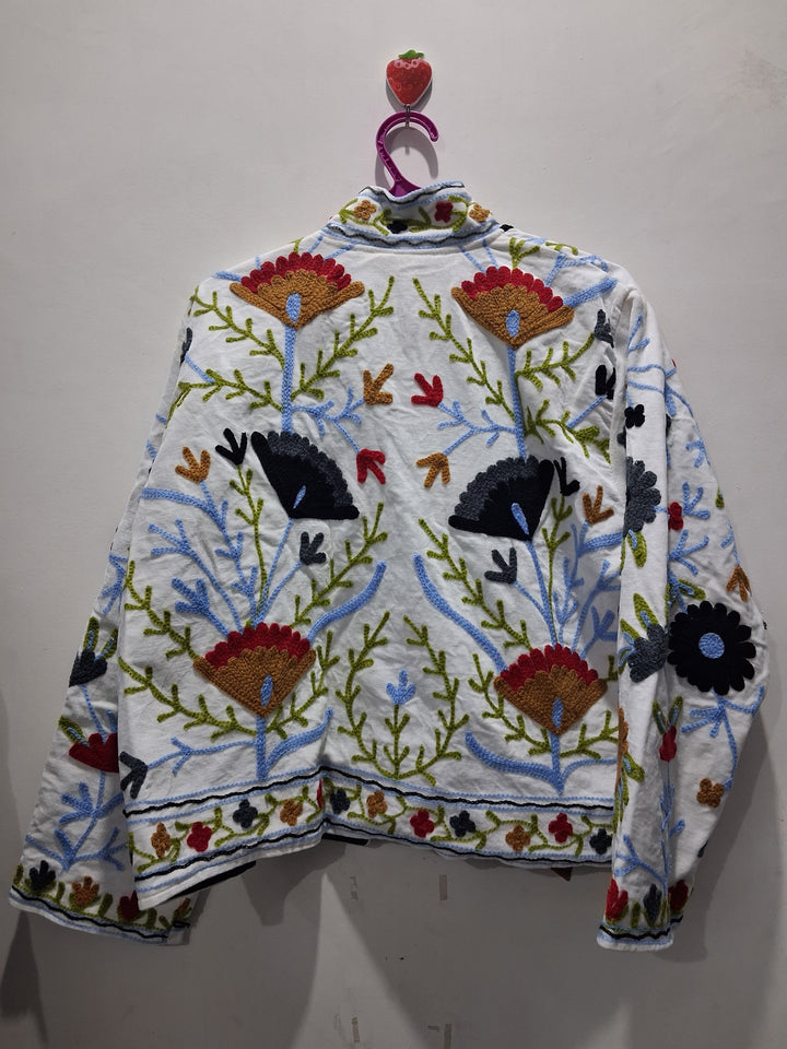 Hand-Embroidered White Velvet Jacket