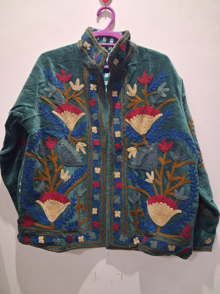 Artisan Teal Green Velvet Floral Jacket