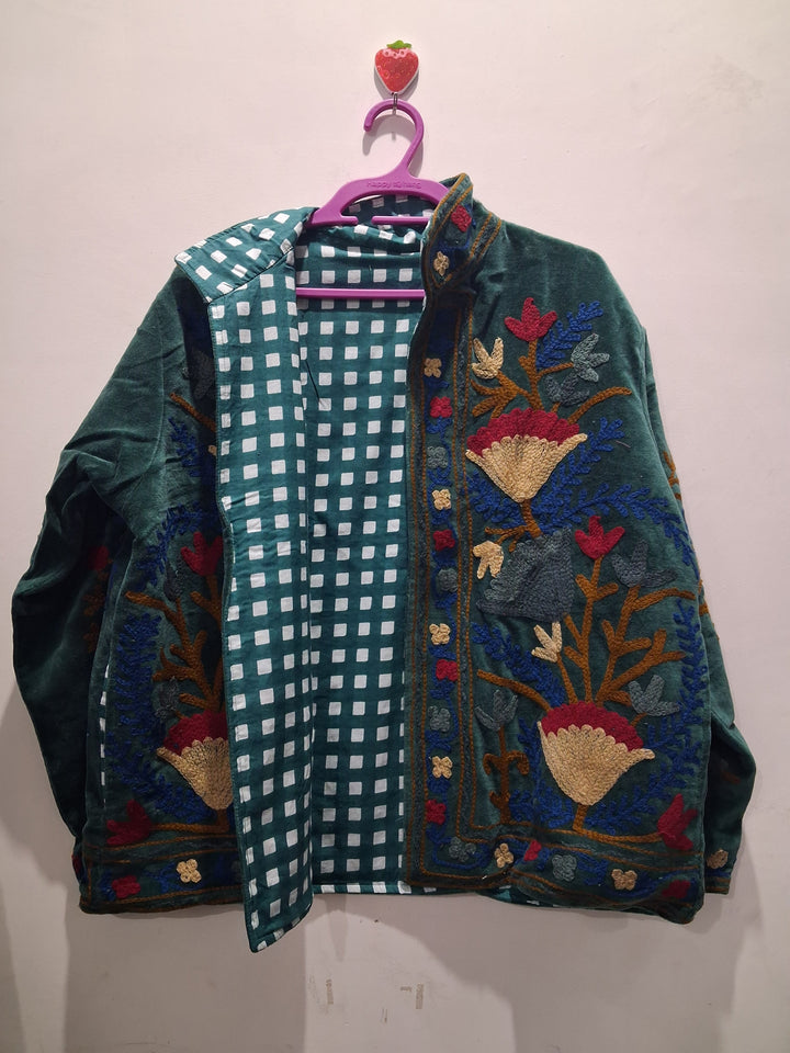 Artisan Teal Green Velvet Floral Jacket