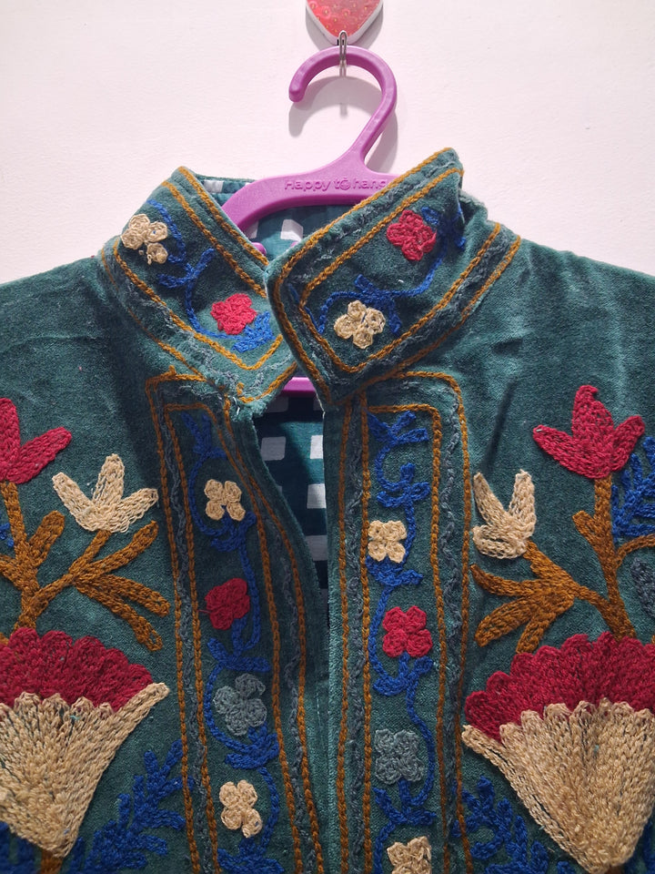 Artisan Teal Green Velvet Floral Jacket