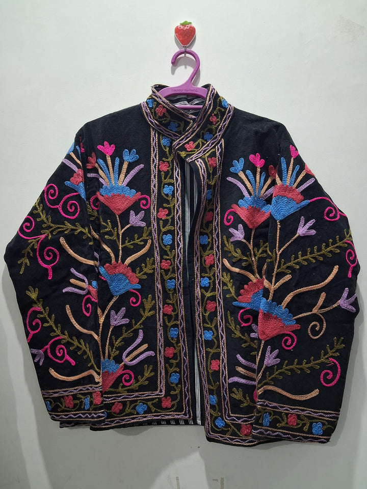 Boho Black Velvet Suzani Embroidered Jacket