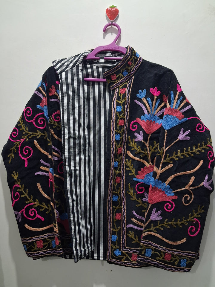 Boho Black Velvet Suzani Embroidered Jacket