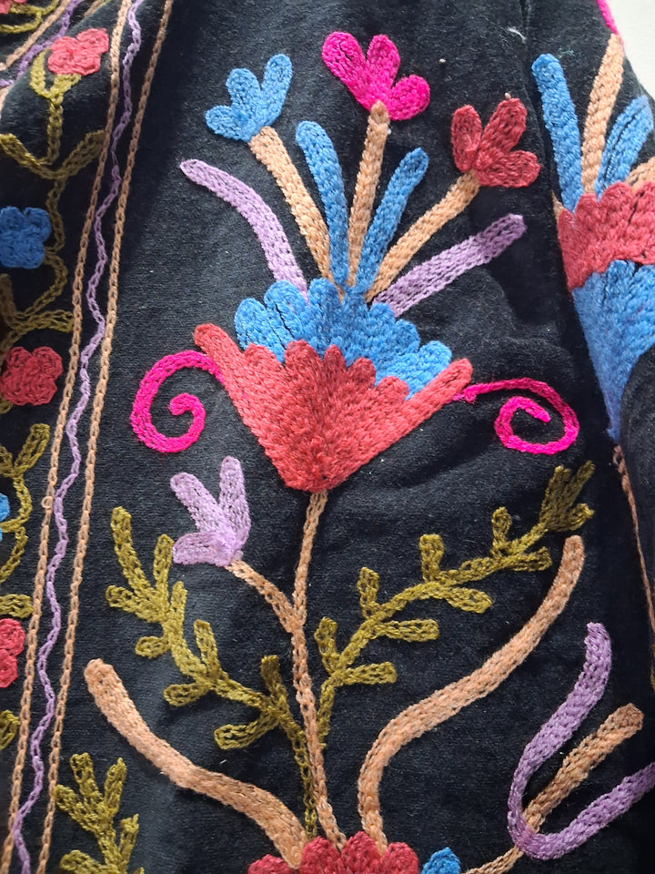 Boho Black Velvet Suzani Embroidered Jacket