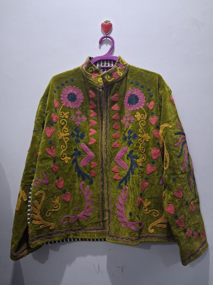 Hand-Embroidered Olive Green Velvet Jacket