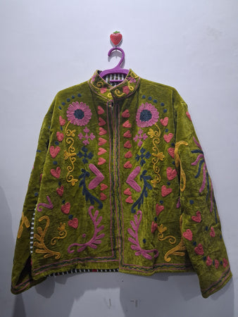 Hand-Embroidered Olive Green Velvet Jacket
