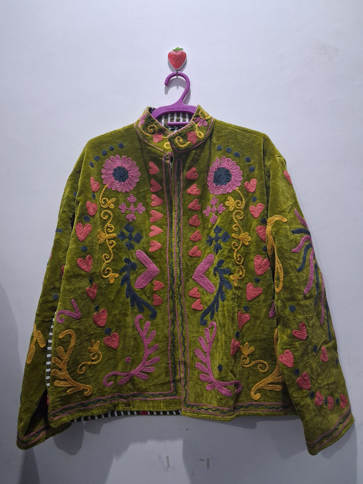 Hand-Embroidered Olive Green Velvet Jacket