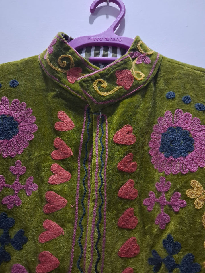 Hand-Embroidered Olive Green Velvet Jacket