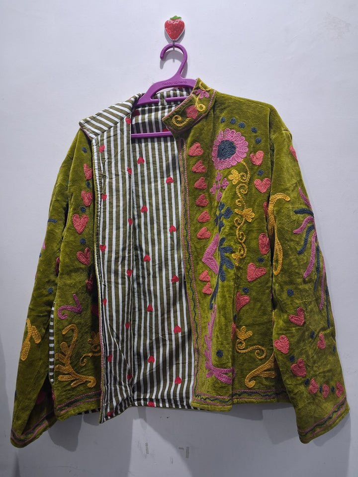 Hand-Embroidered Olive Green Velvet Jacket