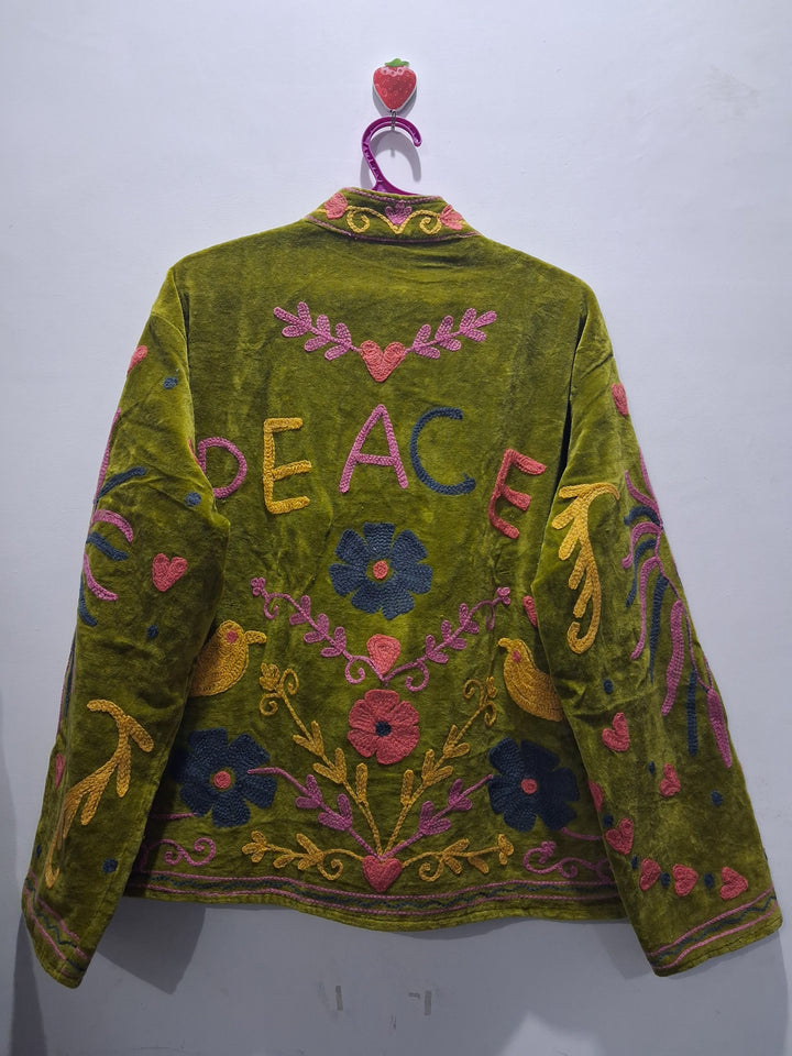 Hand-Embroidered Olive Green Velvet Jacket