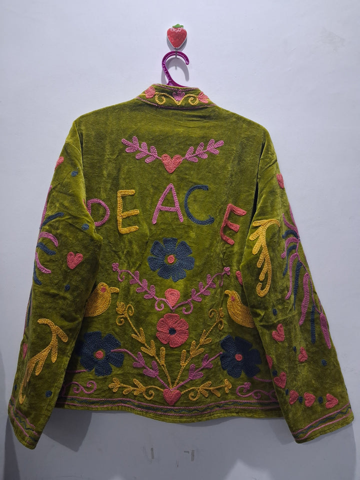 Hand-Embroidered Olive Green Velvet Jacket