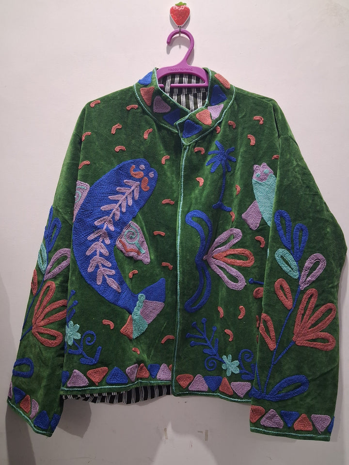 Artisan Emerald Velvet Fish Embroidery Jacket