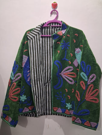 Artisan Emerald Velvet Fish Embroidery Jacket