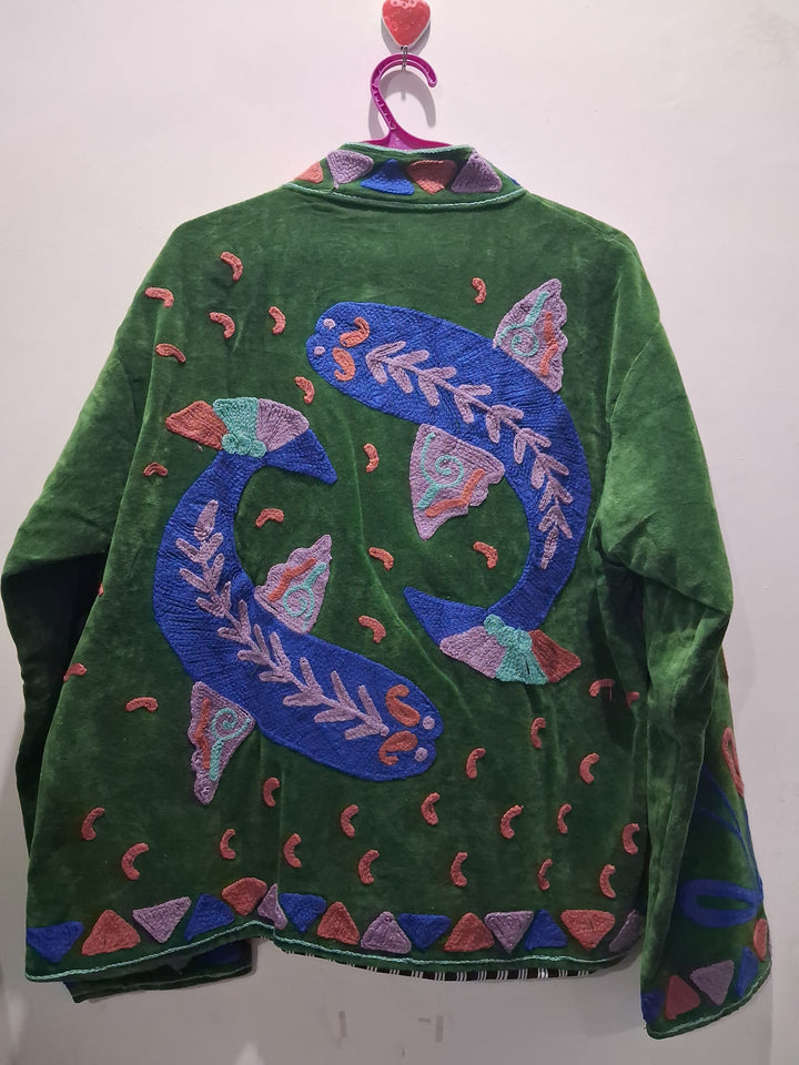 Artisan Emerald Velvet Fish Embroidery Jacket