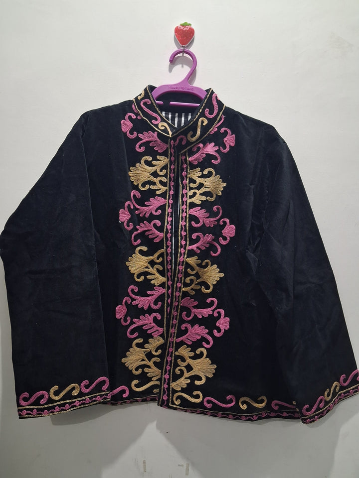 Boho Black Velvet Suzani Embroidered Jacket