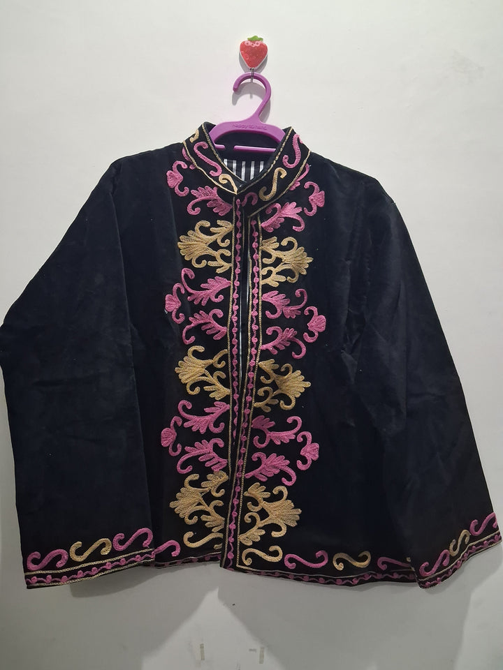 Boho Black Velvet Suzani Embroidered Jacket
