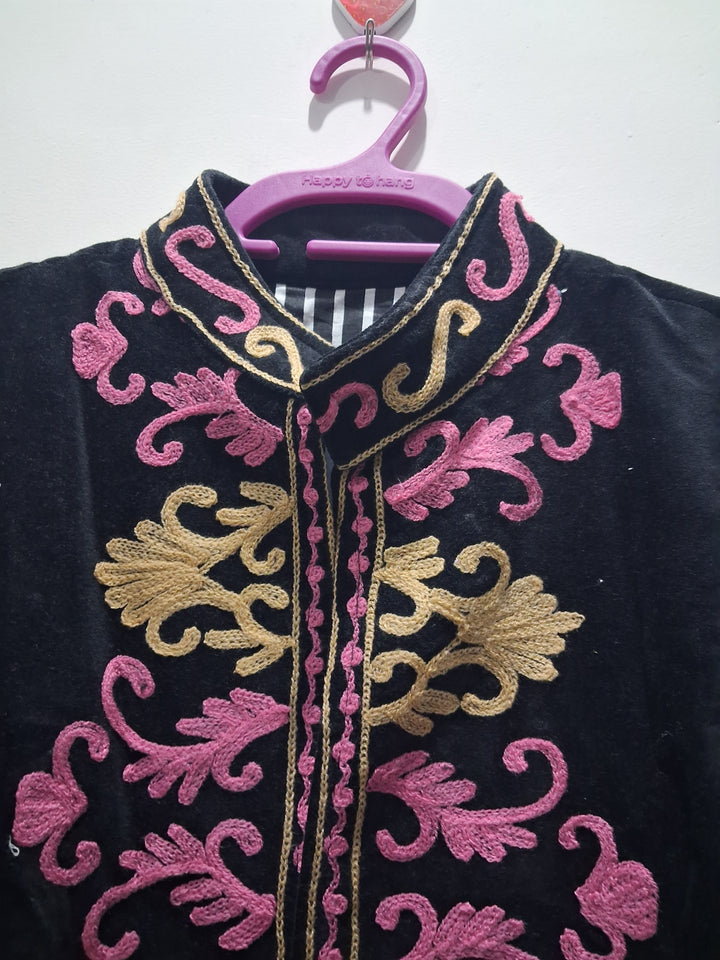 Boho Black Velvet Suzani Embroidered Jacket