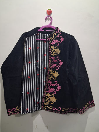 Boho Black Velvet Suzani Embroidered Jacket