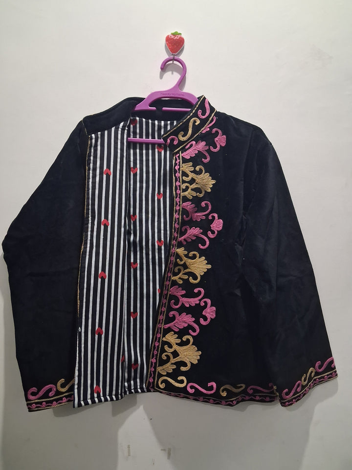 Boho Black Velvet Suzani Embroidered Jacket