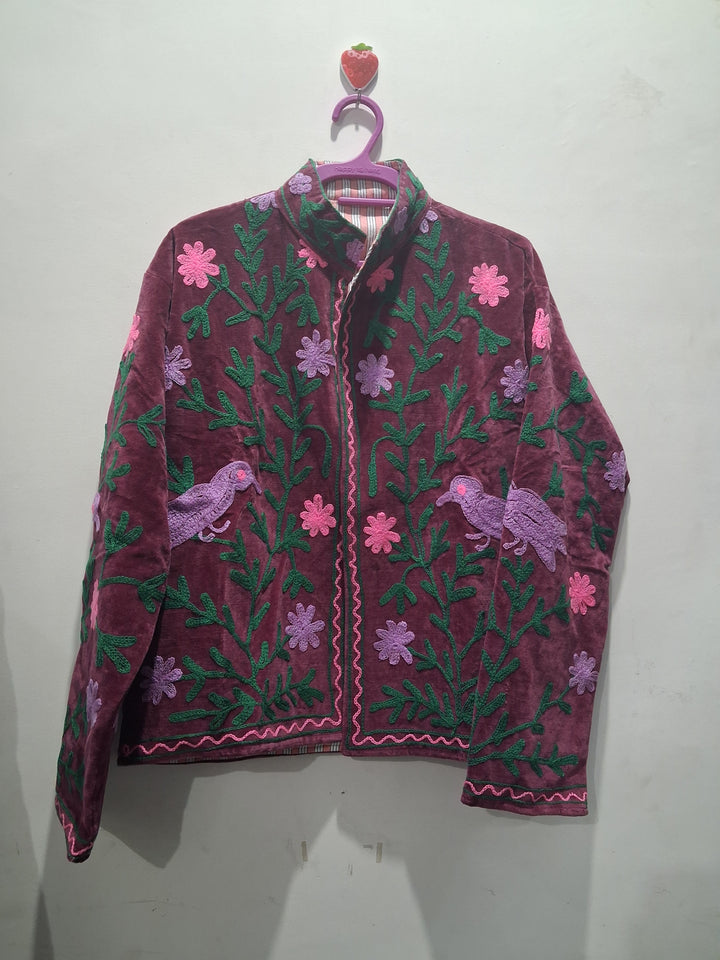 Hand-Embroidered Burgundy Velvet Jacket