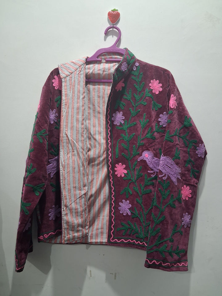 Hand-Embroidered Burgundy Velvet Jacket