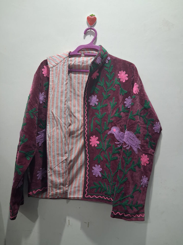 Hand-Embroidered Burgundy Velvet Jacket