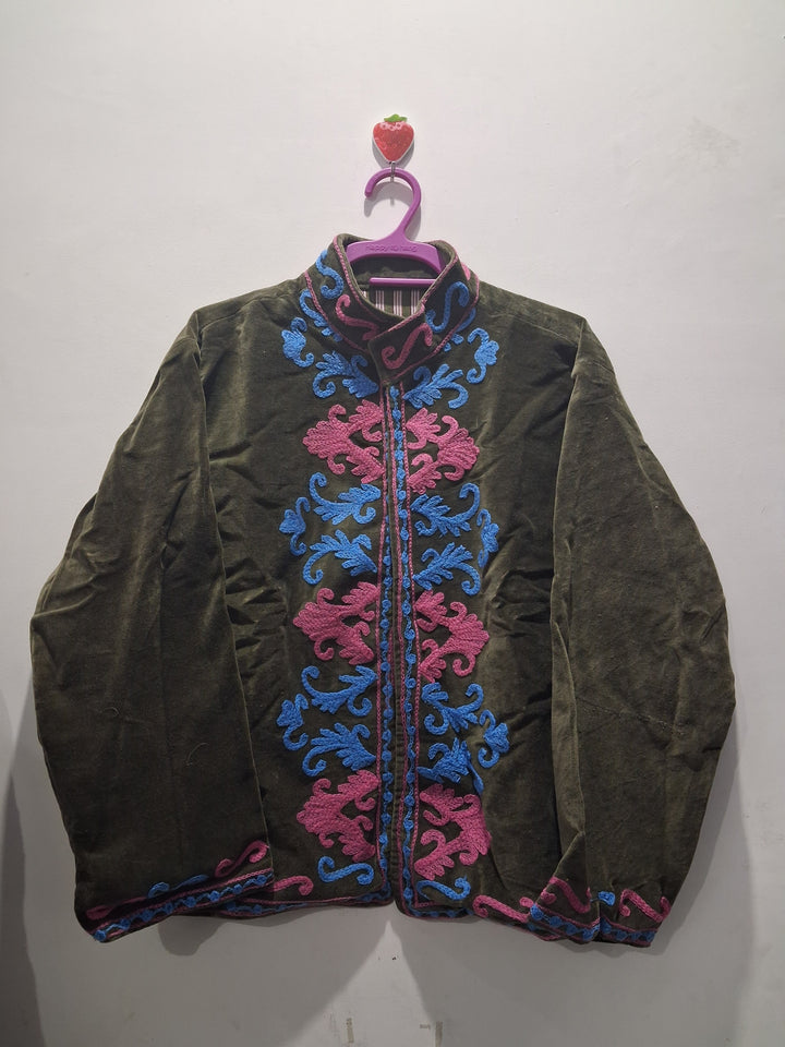 Boho Olive Green Velvet Suzani Embroidered Jacket