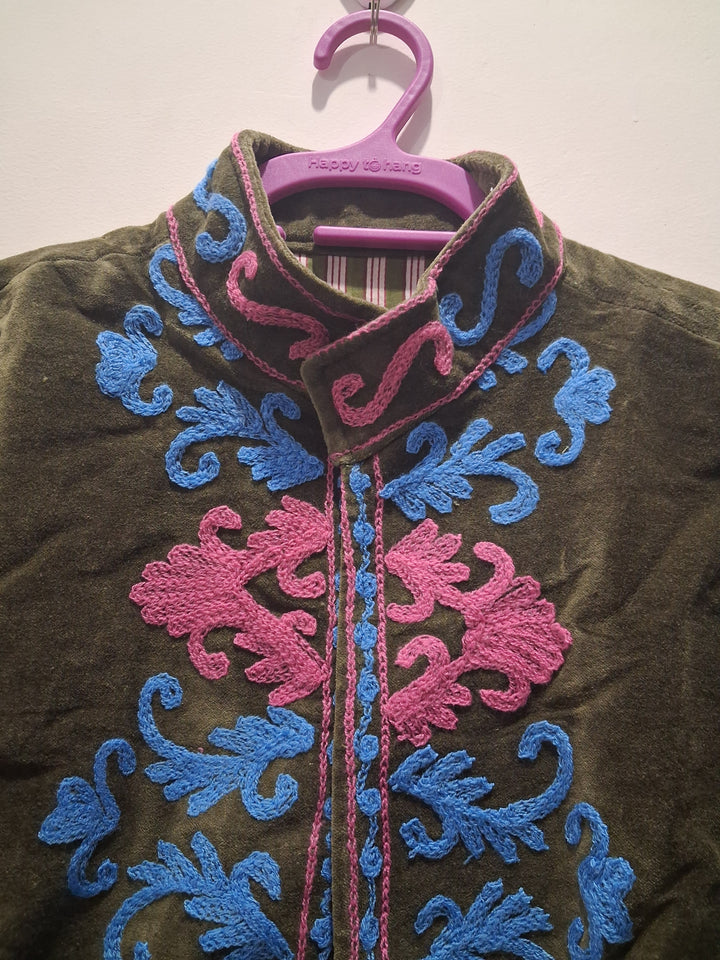 Boho Olive Green Velvet Suzani Embroidered Jacket