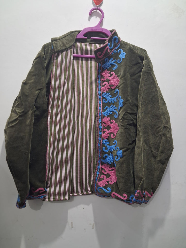 Boho Olive Green Velvet Suzani Embroidered Jacket