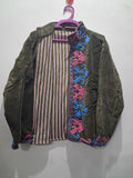 Boho Olive Green Velvet Suzani Embroidered Jacket