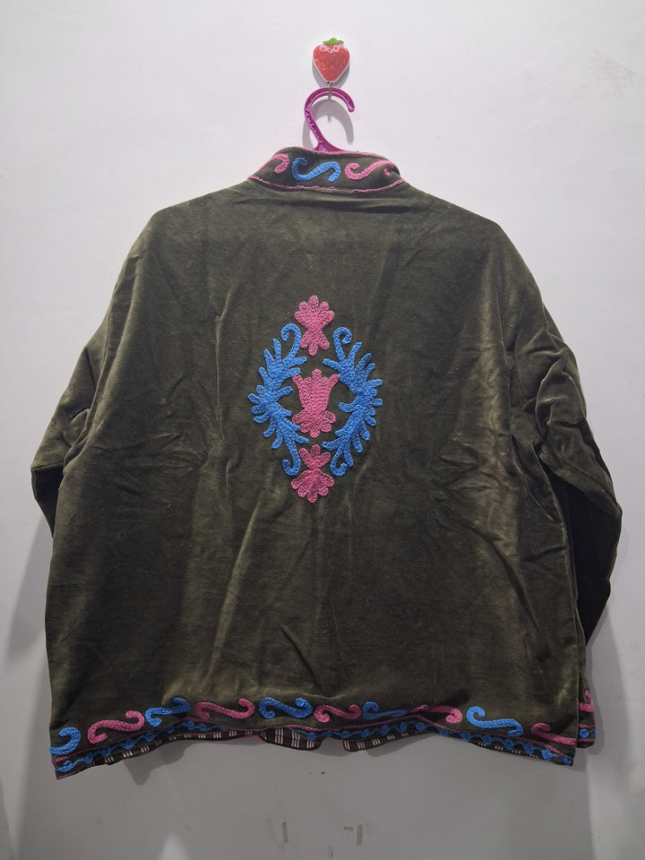 Boho Olive Green Velvet Suzani Embroidered Jacket