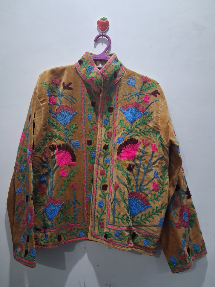 Vintage Style Mustard Yellow Velvet Suzani Jacket