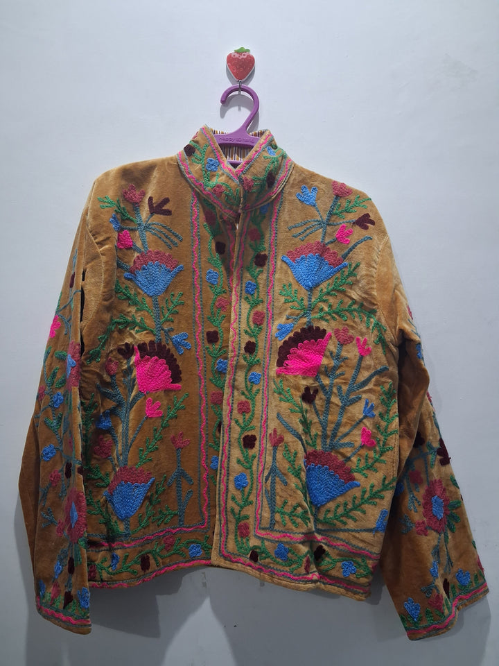 Vintage Style Mustard Yellow Velvet Suzani Jacket