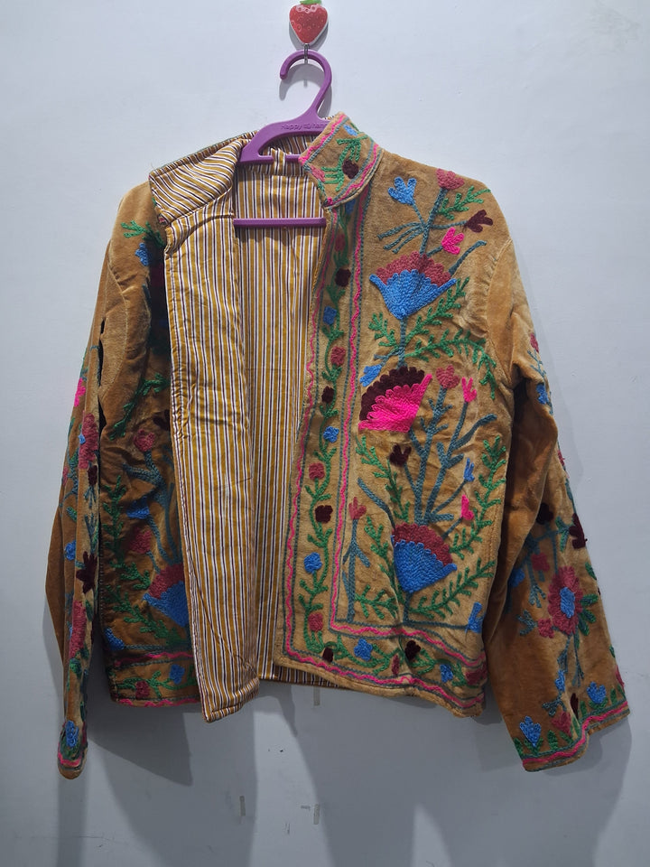 Vintage Style Mustard Yellow Velvet Suzani Jacket